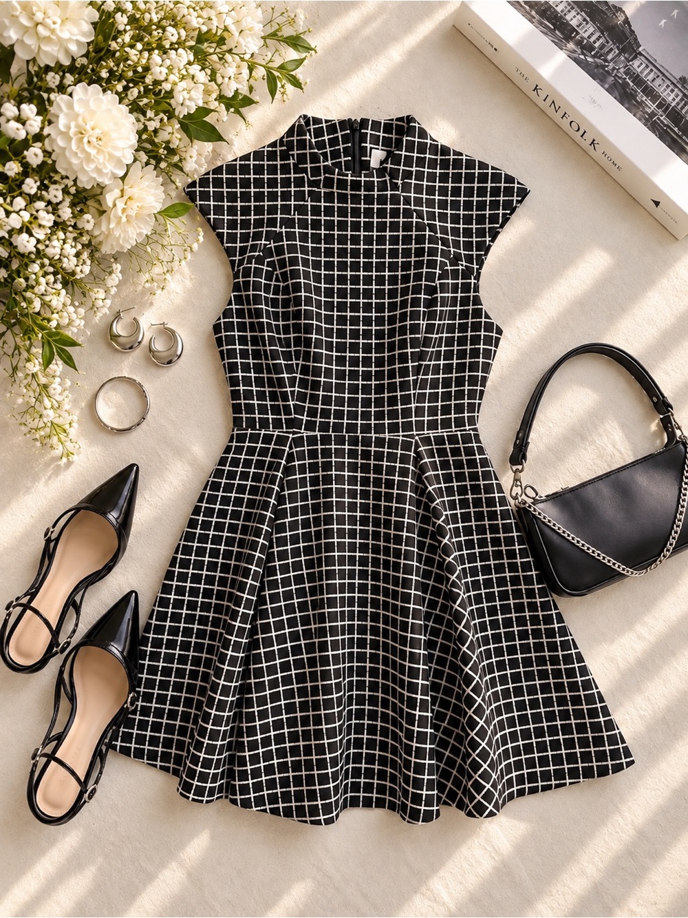 C/MEO Collective Night Sky Grid Check Mock Neck Fit & Flare Mini Dress S NW